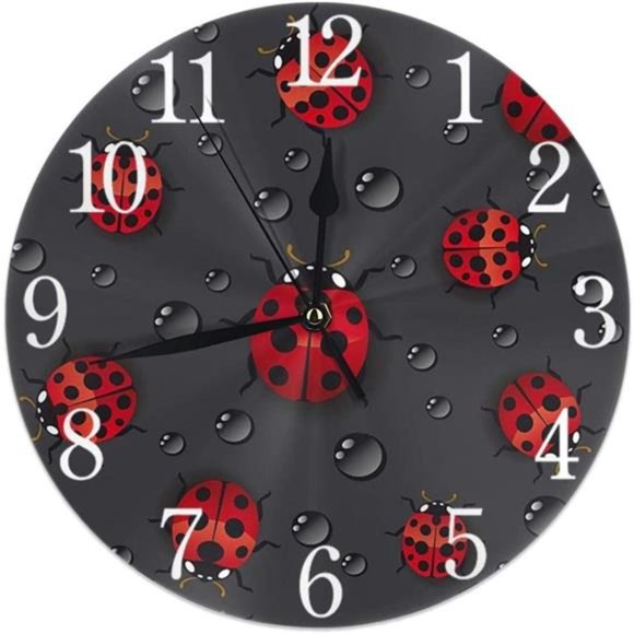 Cute Ladybug with Raindrop Round Wall Clock Silent Non Ticking Battery Operated - Picture 1 of 7